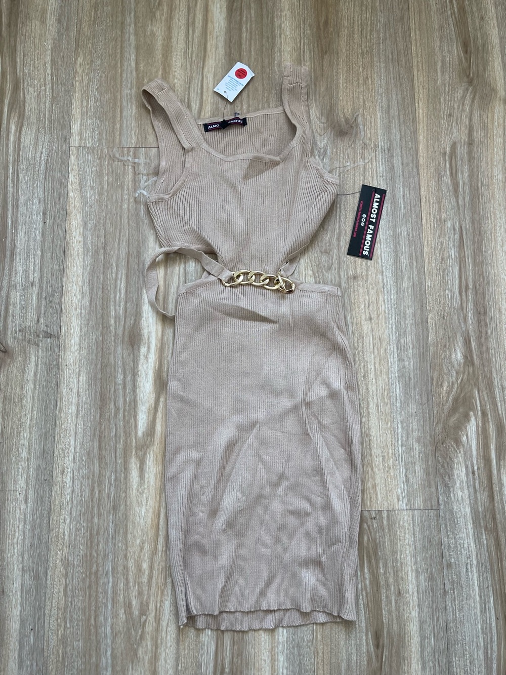 Almost Famous Tan Ribbed Midi Dress with Gold Chain Accent